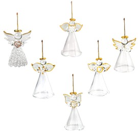 4E's Novelty Glass Angels for Christmas Tree (Set of 24) - 2.5" Mini Angels in 6 Unique Designs, Clear Spun Glass Ornaments for Holiday Season