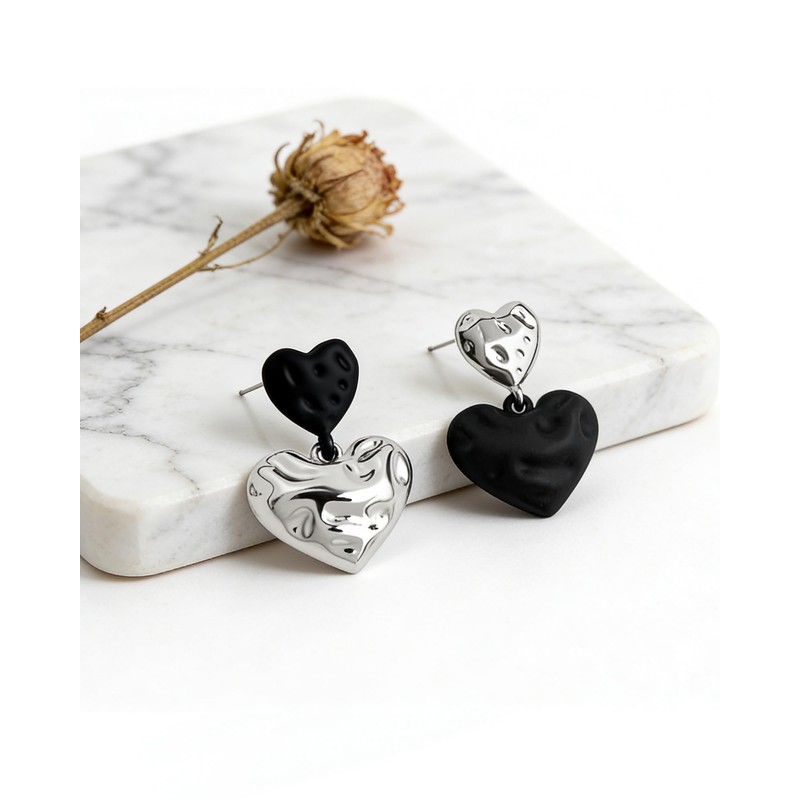 Desnuage Asymmetrical Black Silver Heart Dangle Earrings for Women Hammered