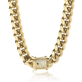 TRIPOD JEWELRY 14K Gold Plated Miami Cuban Link Chain Bracelet with Diamond Clasp 8mm,10mm,12mm,14mm Stainless Steel Iced Out Cuban Link Chain Necklace Gold Bracelet for Men (14K Gold - 10mm, 20.00)