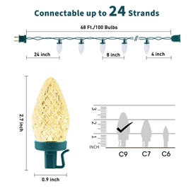 C9 LED Christmas Lights Outdoor, 68 Ft 100 LED C9 String Lights with 100 All in One Clips, Connectable Waterproof Christmas Tree Lights for Outside Roofline Backyard Garden Decor, Warm White 2 Pack