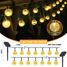 USOKYO Solar Lights Outdoor Waterproof, 2 Pack Total 120LED 72FT Solar String Lights for Outside w/ 8 Modes, Outdoor String Lights Crystal Globe Patio Lights for Garden Yard Party Decor (Warm White)