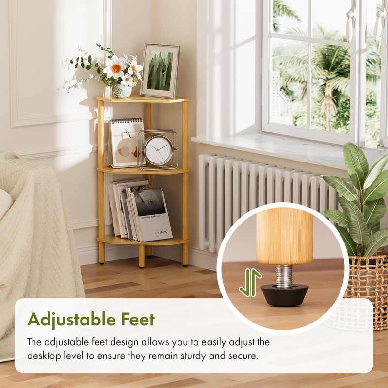 Atoping 3 Tier Bamboo Corner Shelf, Storage Stand with Adjustable