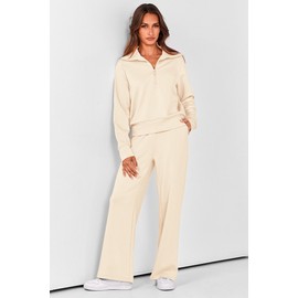 PRETTYGARDEN Women's Fall Two Piece Outfits Half Zip Sweatshirt Tops And Palazzo Pants Sweatsuit Sets (Beige,Large)