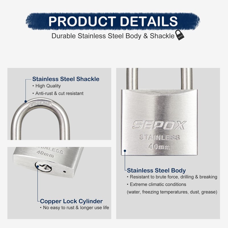 SEPOX Lock with Key for Outdoor Garden Lock Waterproof Padlock