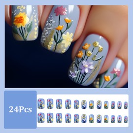 24 Pcs Blue Square Press on Nails Short Fake Nails Cute Floral False Nails with Design 3D Flower Nails Acrylic Nails Press ons Spring Reusable Nails Full Cover Glue on Nails for Women Artificial Nails