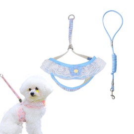 Cat Harness Collar and Leash Set, Sweet Lace Floral Kitten Collar, Escape Proof Puppy Chest Harness, Adjustable Cute Harness Leash Set for Cat Puppy Dog Outdoor Walking (Blue, M)