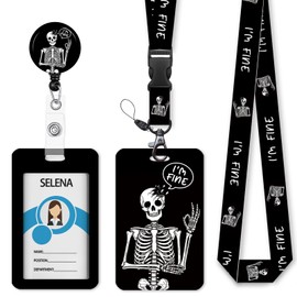Skull Skeleton Badge Holder Retractable Lanyard, Lanyards for ID Badges Name Tags Vertical Card Holder, Detachable Lanyard Badge Reel Retractable, Teacher Nurse Workers Women Office Gifts I'm Fine