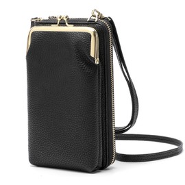 Women's Crossbody Phone Wallet, Multi-functional Leather Purse with Zipper and Kiss-lock Frame, Black (Black)