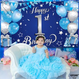 KatchOn, Happy 1st Birthday Banner Boy - 72x44 Inch, Xtralarge | Blue and Silver First Birthday Backdrop | First Birthday Decorations for Boys | First Birthday Banner for 1st Birthday Decorations
