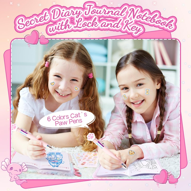 ENYILEE Mini Axolotl Diary with Lock, Kids Journal 4.7x6.1in with