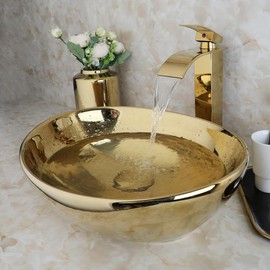 GLOBAOSALU Gold Bathroom Vessel Sinks With Faucet And Drain 17"x14" Oval Ceramic Bowl Sinks For Bathrooms Above Counter Oval Bathroom Basin Sinks Artistic Ceramic Vessel Sink Gold Bathroom Sinks