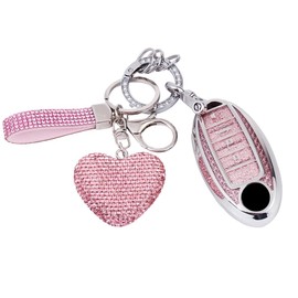 Vehicleloong for Nissan Key Fob Cover Case Shell Keychain Rogue Sentra Altima Pathfinder Frontier Kicks Murano Versa Maxima Infiniti Accessory Accessories Bling Girly Women, 5 Button, Silver Pink, TPU