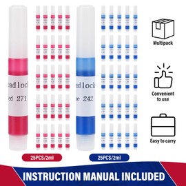 2ml *50 Pack Threadlocker Blue 242 & Red 271, 25 Packs of Each, Thread Locker Blue & Red, Medium and High Strength Lock Tight Threadlocker, Ideal for Nuts, Bolts, Fasteners