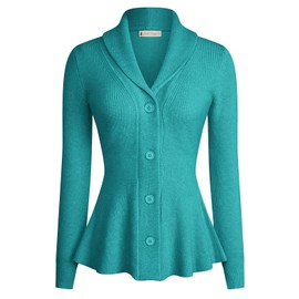 Belle Poque Ladies Shawl Collar Cardigan Caual Button Down Long Sleeve V Neck Sweater Turquoise Blue S