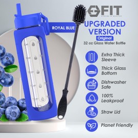 32 oz Glass Water Bottle with Time Marker Reminder - EXTRA LID, Reusable, Wide Mouth, Leakproof, 1 Liter Glass Drinking Bottle, BPA Free, Motivational Water Bottles (Royal Blue, with Brush)