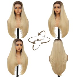 Ombre Flaxen Synthetic Lace Front Wig 13x4 Layered Hairstyle Glueless Pre Plucked Straight 26 Inch for Wigs Black Women Beginner Friendly