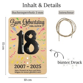 ZUKLA® Packaging for Money Gifts Birthday 18 Colourful Print - 15 x 10 cm Money Gift Packaging Wood - An Original Idea to Give Money - Voucher Birthday 2025