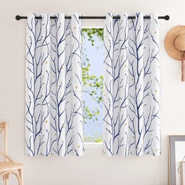 NICETOWN Navy Blue Branch White Curtains for Half Windows 63" L, Grommet Top Thermal Insulated Room Darkening Tree Curtains with Elegant Petal Rain for Bedroom/Living Room, 2 Panels=104" W