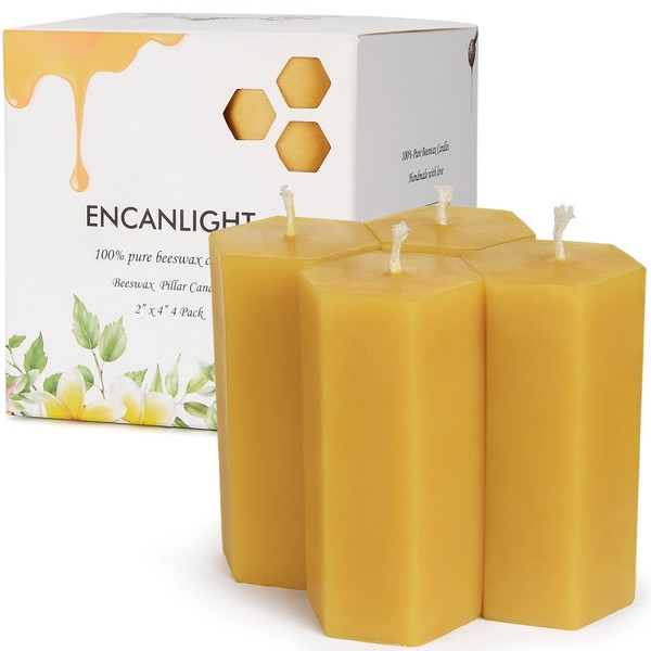 Beeswax Pillar Candles 2x4 Inch, 4 Pack Hexagonal Elegant Bees