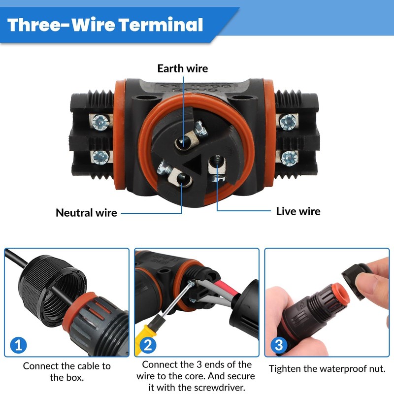 HIMOMO Cable Connector Waterproof IP68, Cable Connector Waterproof 3-Pin 3-Way