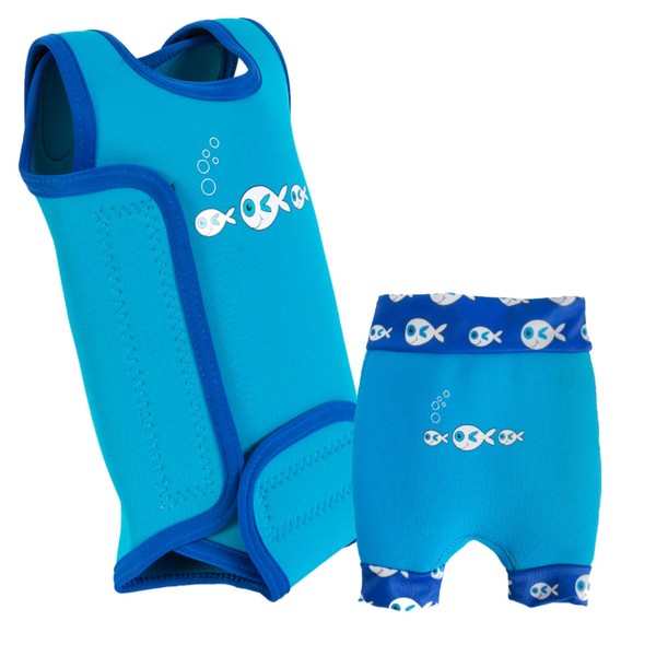 Swimbest Swimsuit & Nappy Set - Neoprene Wrap Around Baby Swimming Costume with a Free Swim Nappy- Blue Fish, 0-6 mths/3-6m (4-6kgs)