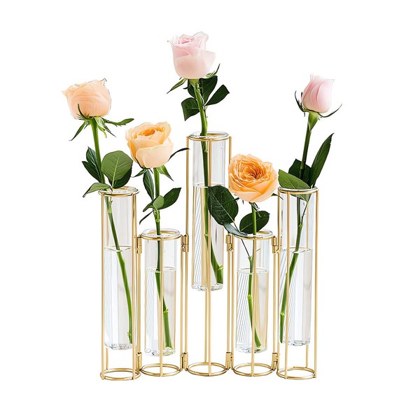 Gold Vases for Centerpieces, Test Tube Flower Vase with 5 Test Tubes, Gold Flower Vase with Metal Stand Racks Hydroponic, Glass Hinged Propagation Plant Vase for Wedding Table Home Decor
