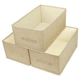 Open Storage Bins with Handle BOPEY Clothes Organizer Container Linen Fabric Foldable Basket for Home Closet Shelves Nursery Toys Books Beige Large 3-pack (BP006)