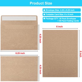 Blank Cards and Envelopes 4x6, 50 Pack Brown Blank Folded Greeting Cards and Envelopes Set with A4 Greeting Card Envelopes for DIY Greeting Cards, Thank You Cards, Invitations in All Occasions