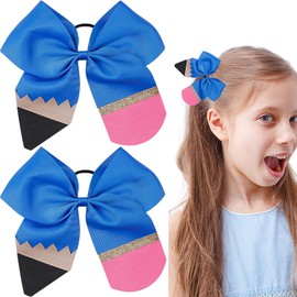 School Bow Cheer Bow Clip Back to School Hair Bows Ties 5 Inch Blue Pencil Cheer Hair Scrunchies Hair Bow Ponytail Holder Elastic Hair Bows Tie for First Day of School Kids Supplies 2PCS
