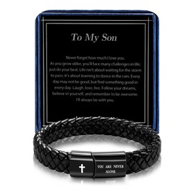 Alissl Christian Black Leather Bracelet for Son Graduation Birthday Christmas Gifts for Son from Dad Mom Inspirational Bangle Bracelet Religious Gifts