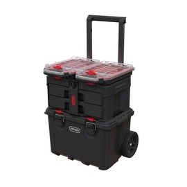 Keter Stack-n-Roll Modular Tools Organizer for Garage Storage and DIY, 4 Piece Resin Rolling Tool Box System for Small Parts, Black