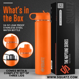 SQUATZ 24 Oz Neptune Series Steel Water Bottle, Stainless Double Wall Vacuum Insulated Flask with Handle Strap, Durable and Elegant Leak Proof Wide Mouth Thermos for Gym, Travel, Hiking, and Camping