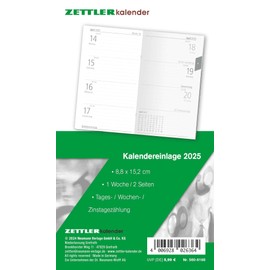 Zettler - Calendar replacement insert 2025, 8.8 x 15.2 cm, replacement insert for pocket planner type 560, in foil packaging, 1 month on 1 page, day, week and working day counting and German calendar