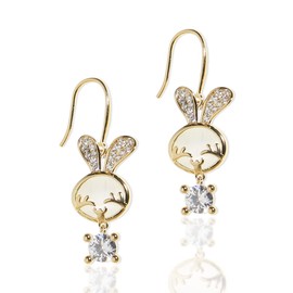 Sonateomber Cute Cartoon Bunny Fish Hook Gold Dangle Earrings for Women - Sparkly Cubic Zirconia Sweet Smile Rabbit Faux White Jade Easter Jewelry Gift