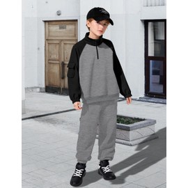 ADIRUN Boy Clothes for Boys 8-10 Boy Outfits Quarter Zip Long Sleeve with Pocket Sweatshirt Pants 2Pcs Color Block Fall Winter Clothing Sets Mock Neck Sweat Suits for Boys Grey 9-10Y