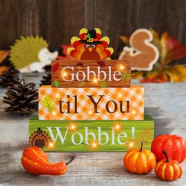 Thanksgiving Wooden Block Sign with Led Lights- Gobble til You Wobble Turkey Light up Wood Sign for Table Mantle- Thanksgiving Farmhouse Home Battery Operated Wooden Sign Tabletop Tiered Tray Decor