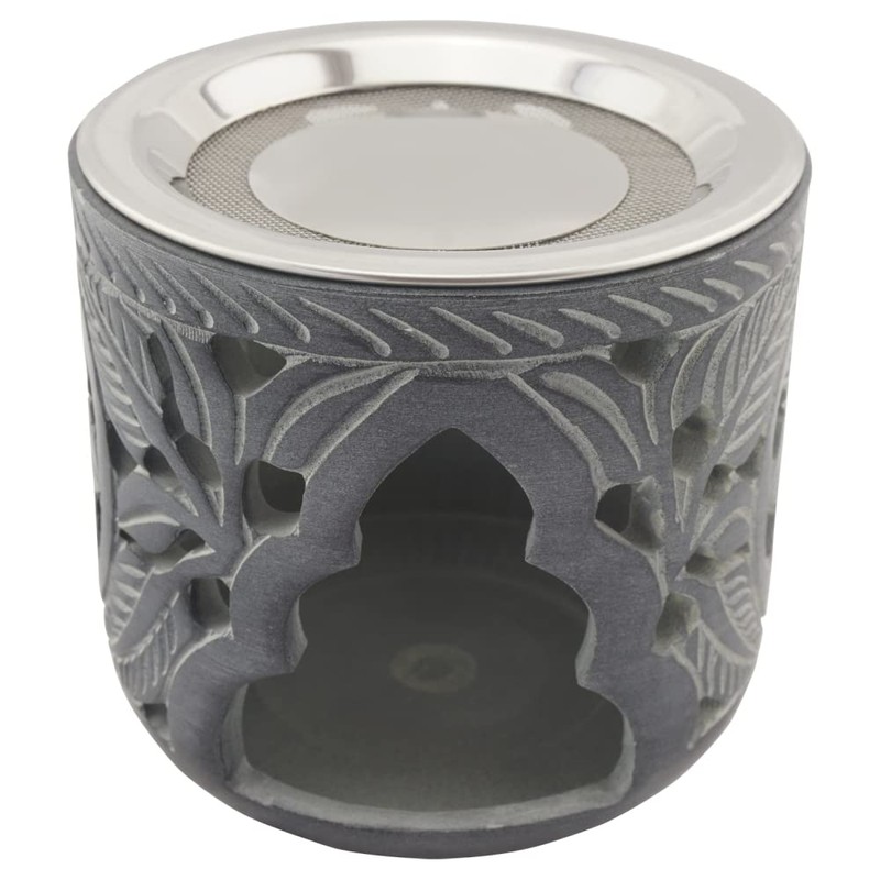 Indian Soapstone Incense Burner with Stainless Steel Strainer and Metal