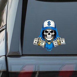 2 PCS Money Skull Vinyl Decal Sticker, Car Laptop Wall Art, Blue Dollar Sign Design,A-91