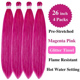 Magenta Pink Glitter Braiding Hair Pre stretched Tinsel Curly Deep Wave Crochet Braids Ez Braid Prestretched Hypoallergenic Braiding Hair Synthetic Knotless Itch Free