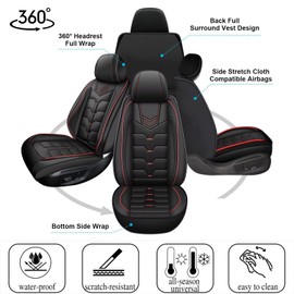 IKABEVEM 2PCS Front Car Seat Covers Fit for Jeep Compass 2012-2024 2025 Faux Leather Seat Cover Waterproof Seat Cushion Protector (Black & Red Line)
