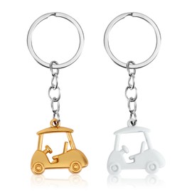 2pcs Golf Cart Keychains, Zinc Alloy Pendant Golf Style Keyring Unisex Key Chains for Men and Women (White, Gold)