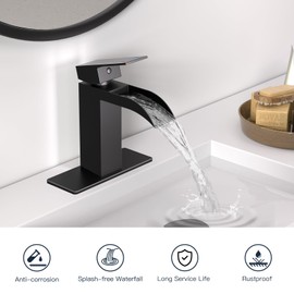 Kroias Matte Black Waterfall Bathroom Faucet, Single Handle Bathroom Sink Faucet with Pop Up Drain, Bathroom Vanity Faucet with cUPC Supply Hose and Deck Plate Rv Lavatory Basin Faucet, 1 or 3 Hole