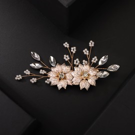 Teyglen Bridal Hair Clip Flower Crystal Hair Clip Barrette Floral Flower Pearl Hair Comb Handmade Gold Silver Crystal Pearl Hair Pieces Vintage Headpieces Hair Accessories for Bride Women Girls (Gold)