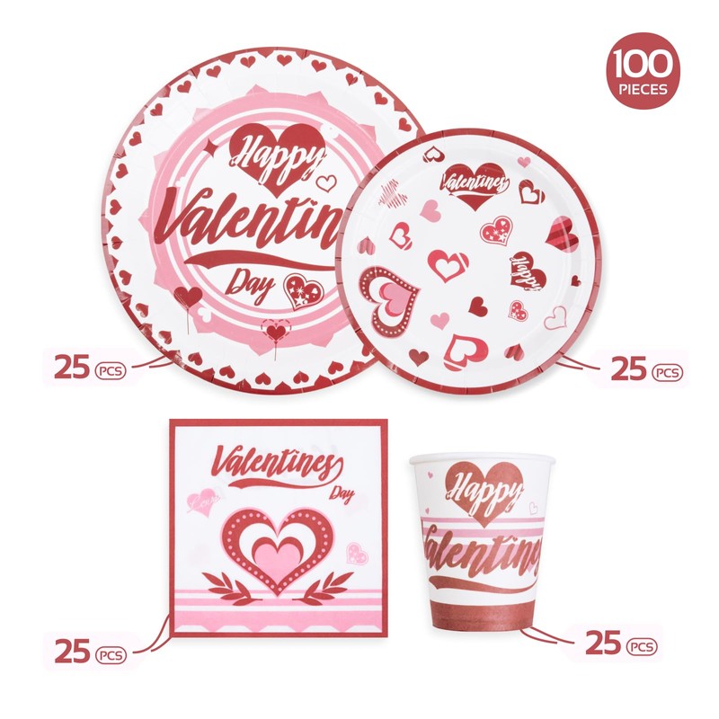 100 pcs Romantic Heart Valentines Plates and Napkins and Cups