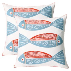 Pilmandu 2PCS Throw Pillow Cover Embroidered Pillowcase Home Decorative Cotton Cushion Cover for Sofa Chair 18x18 Inch (Red Fish)