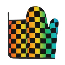 Lukbfall Black and Rainbow Checkered Print Oven Mitts and Pot Holders 2 Pcs Set Oven Glove and Potholder Suitable for Barbecues Baking Cooking Microwave