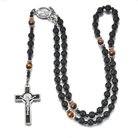 Black Beads Rosary for Men Catholic 8mm Matte Beads Wearable Rosary Necklace with Miraculous Medal Cross Crucifix Rosaries (Black&Tiger Eye)