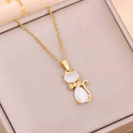 Collar Con Dije De Gato Cadena Colgante Gatito Chapada En Oro De 18k Y Ópalo Minino Para Mujer Dama Elegante