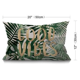 BGBDEIA Palm Leaf Cushion Cover 12x20 Inch Good Vibes Word Palm Tree Tropical Jungle Leaves Rectangle Pillow Cases Home Decorative Cotton Linen Throw Pillow Cover for Bed Sofa Green 30 x 50 cm