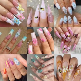 3 Sheets Flower Nail Art Stickers 5D Embossed Cute Bee Nails Decals Spring Summer Pink and Blue Gradient Hawaiian Flowers Nail Design Embossed Petals Nails Supplies for Women DIY Manicure Decorations